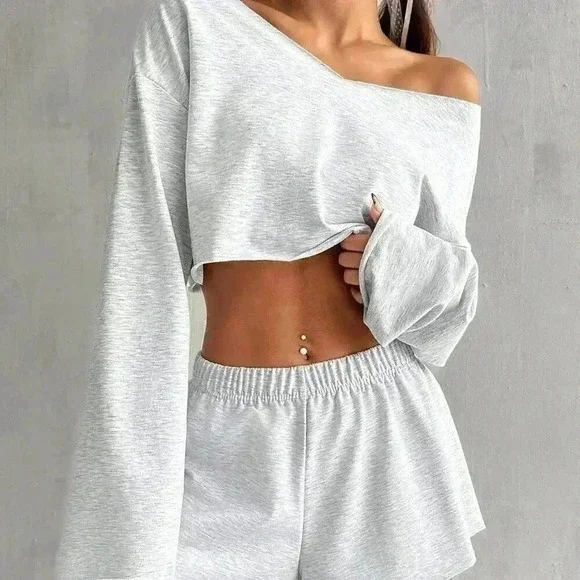 Grey Casual Women's Summer Solid Color Crop Top And Shorts Set - Picture 2 of 6